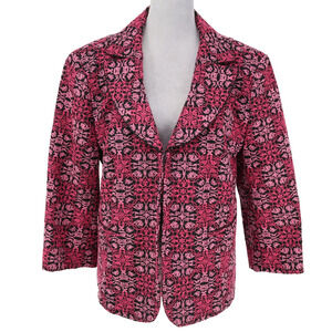 Talbots Jacket Plus Size 16W Black Pink Floral Cotton Brocade Embroidered